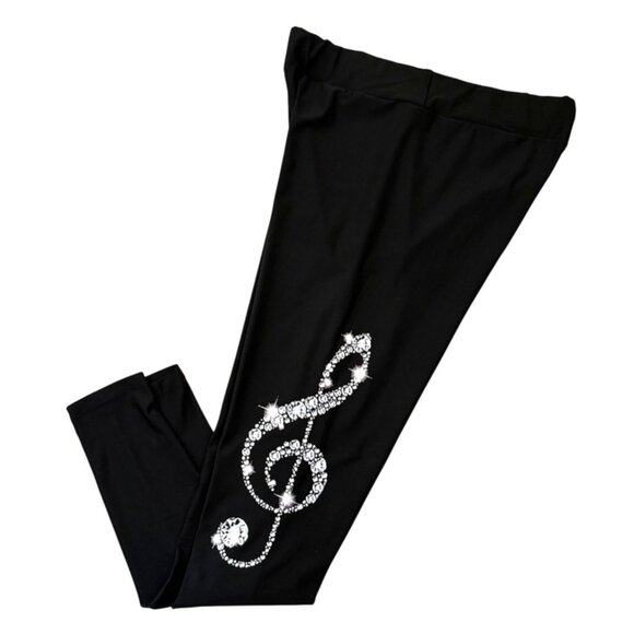 Stylish Black Leggings Sz L With Rhinestone Treble Clef Graphic Musiccore Glam - Picture 2 of 10